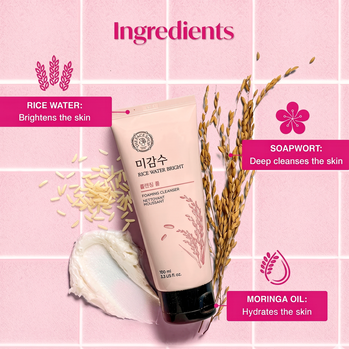 The Face Shop Rice Water Bright Foaming Cleanser 150ml | AmiGlow NZ