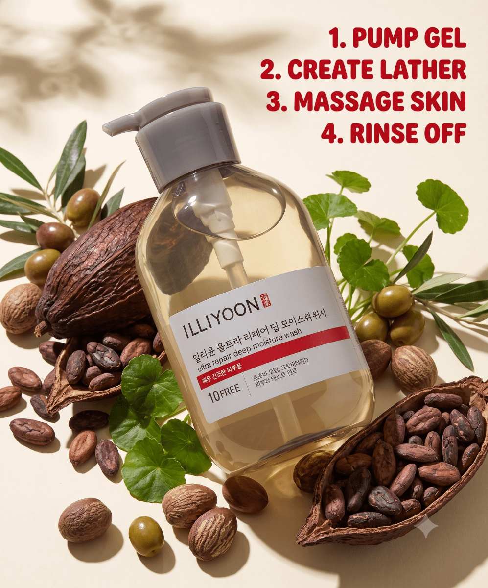 ILLIYOON Ultra Repair Deep Moisture Wash, in a large 500ml pump bottle for dry-skin hydration.